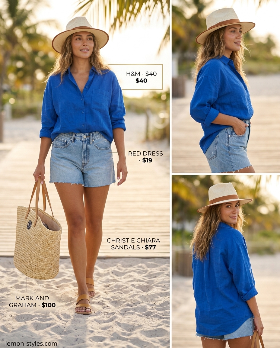 Boho beach outfit for women with blonde hair: light blue linen shirt, denim shorts, straw hat & bag. 2026.