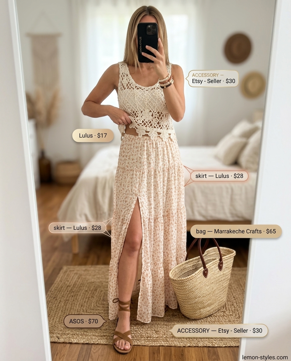 Cream crochet crop top with tiered maxi skirt and suede sandals. Summer outfits for women with blonde hair 2026.