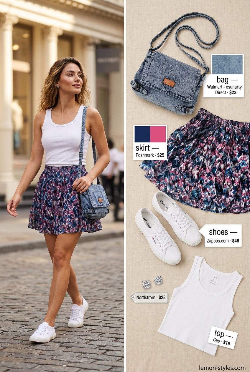 Urban bloom outfit: floral mini skirt, white tank, denim bag & sneakers for women with blonde hair. 2026.