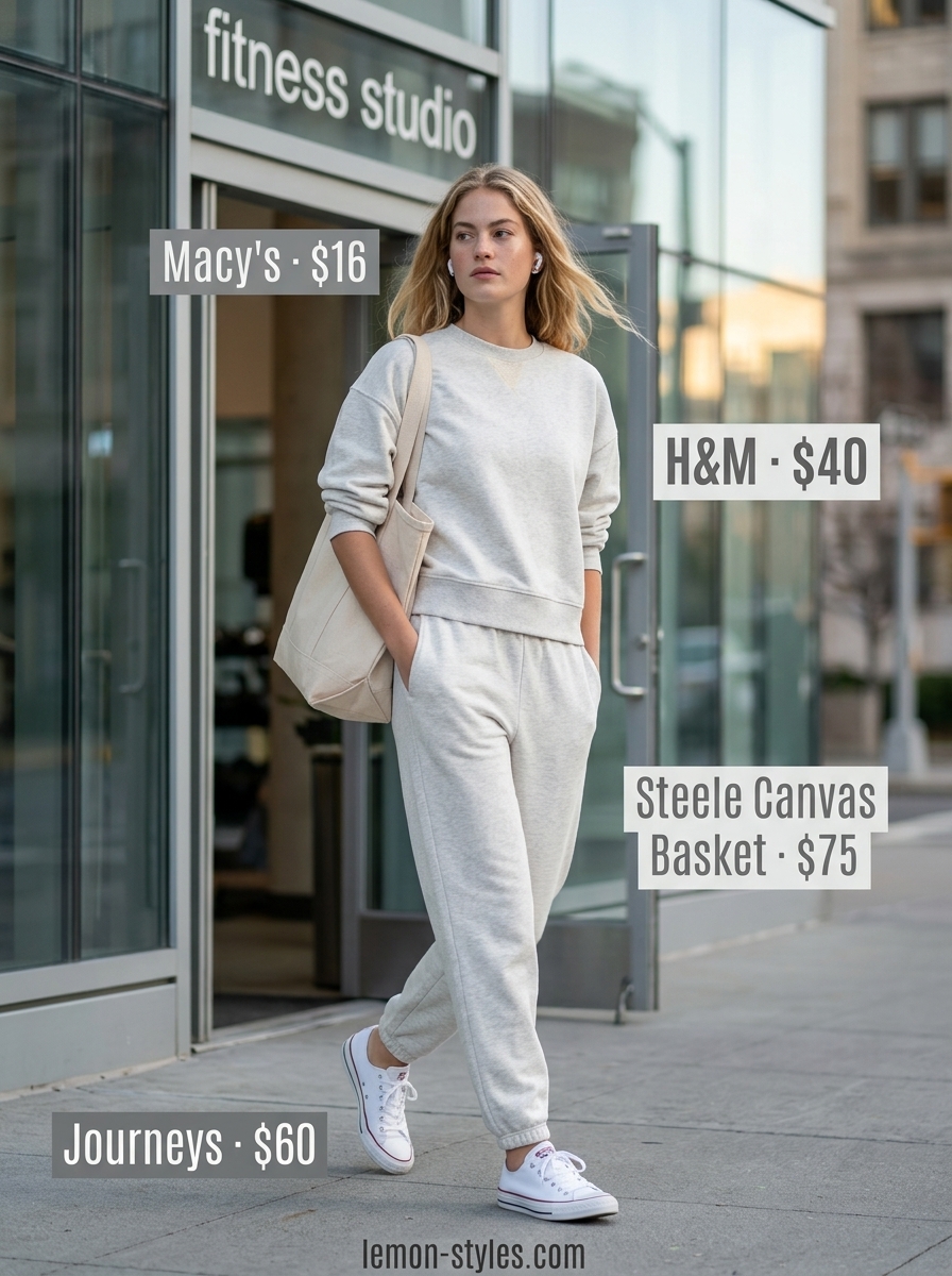 Light grey knit matching set with white sneakers and a canvas tote. Summer outfits for women with blonde hair 2026.