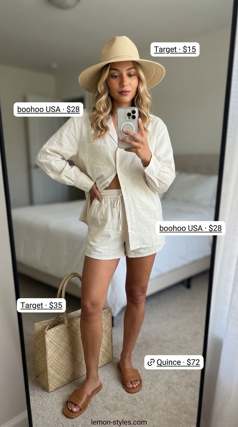 Ivory linen button-down shirt and shorts set with straw tote and slides. Summer outfits for women with blonde hair 2026.