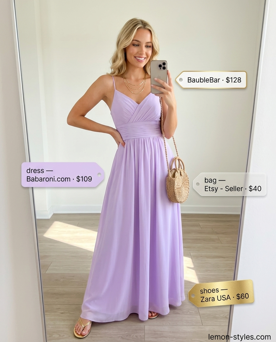 Lilac chiffon maxi dress with gold sandals and layered necklaces. Summer outfits for women with blonde hair 2026.