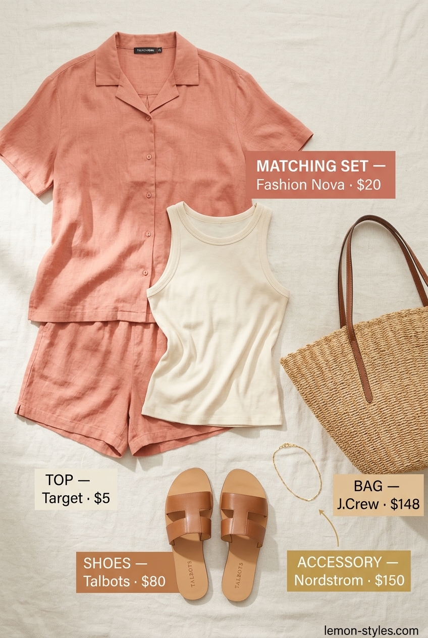 Effortless linen shorts set in coral for women with blonde hair. 2026 summer style.