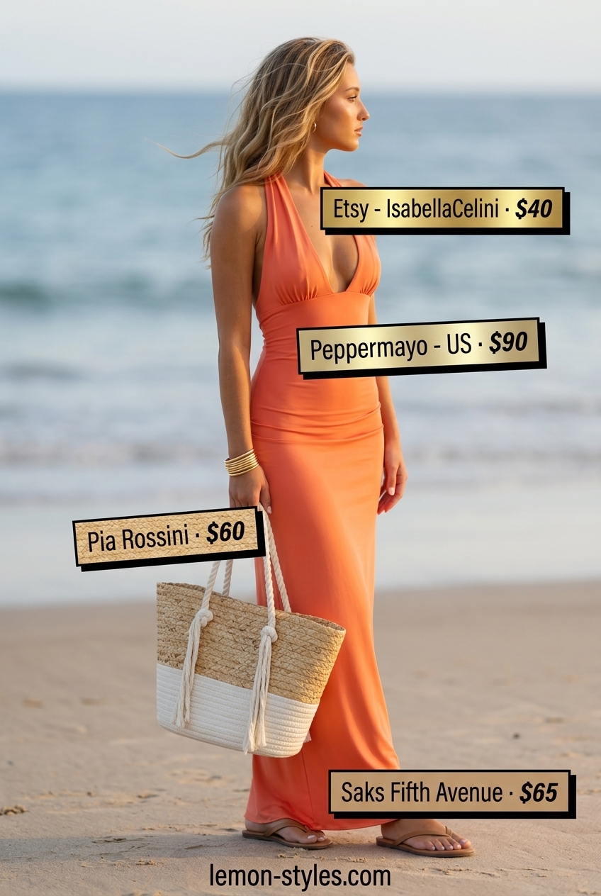 Vibrant coral maxi dress with gold bangles and straw tote for women with blonde hair. 2026.