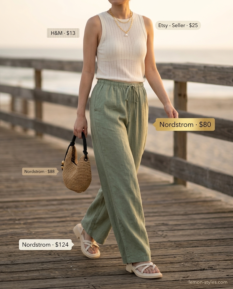 Sage green linen pants with cream tank and gold necklaces. Summer outfits for women with blonde hair 2026.