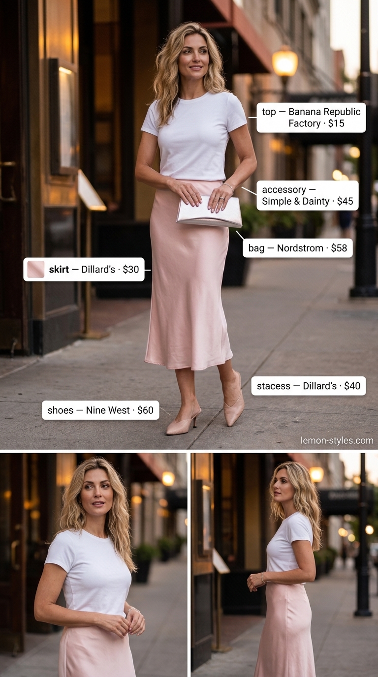 Elegant blush pink slip skirt outfit with white tee, mules & silver accessories for women with blonde hair. 2026.