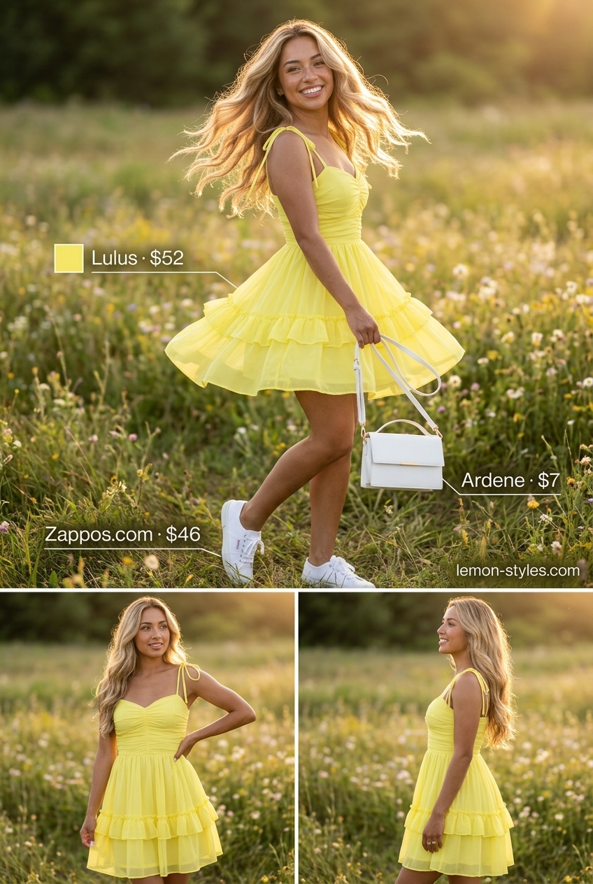 Cheerful lemon yellow sundress with straw hat and canvas sneakers for women with blonde hair. 2026.