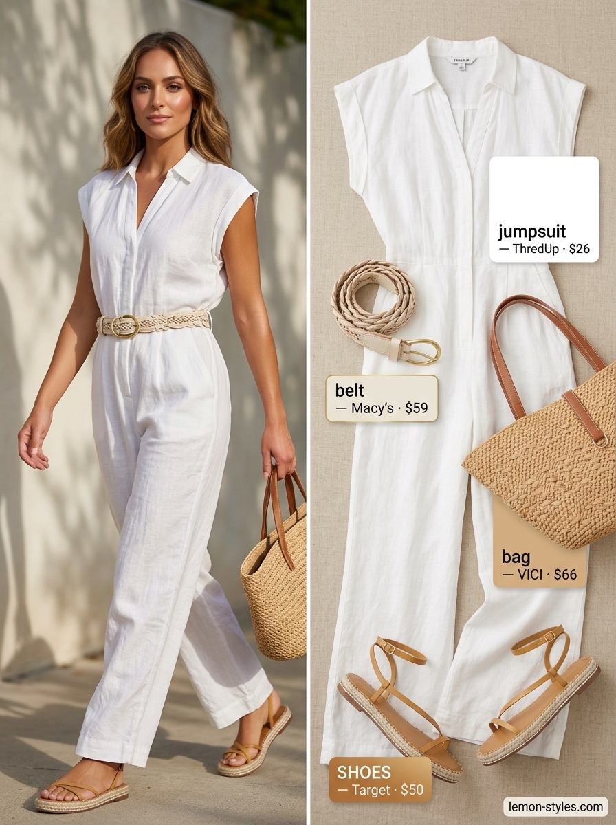 White linen wide-leg jumpsuit with espadrilles and straw tote. Summer outfits for women with blonde hair 2026.