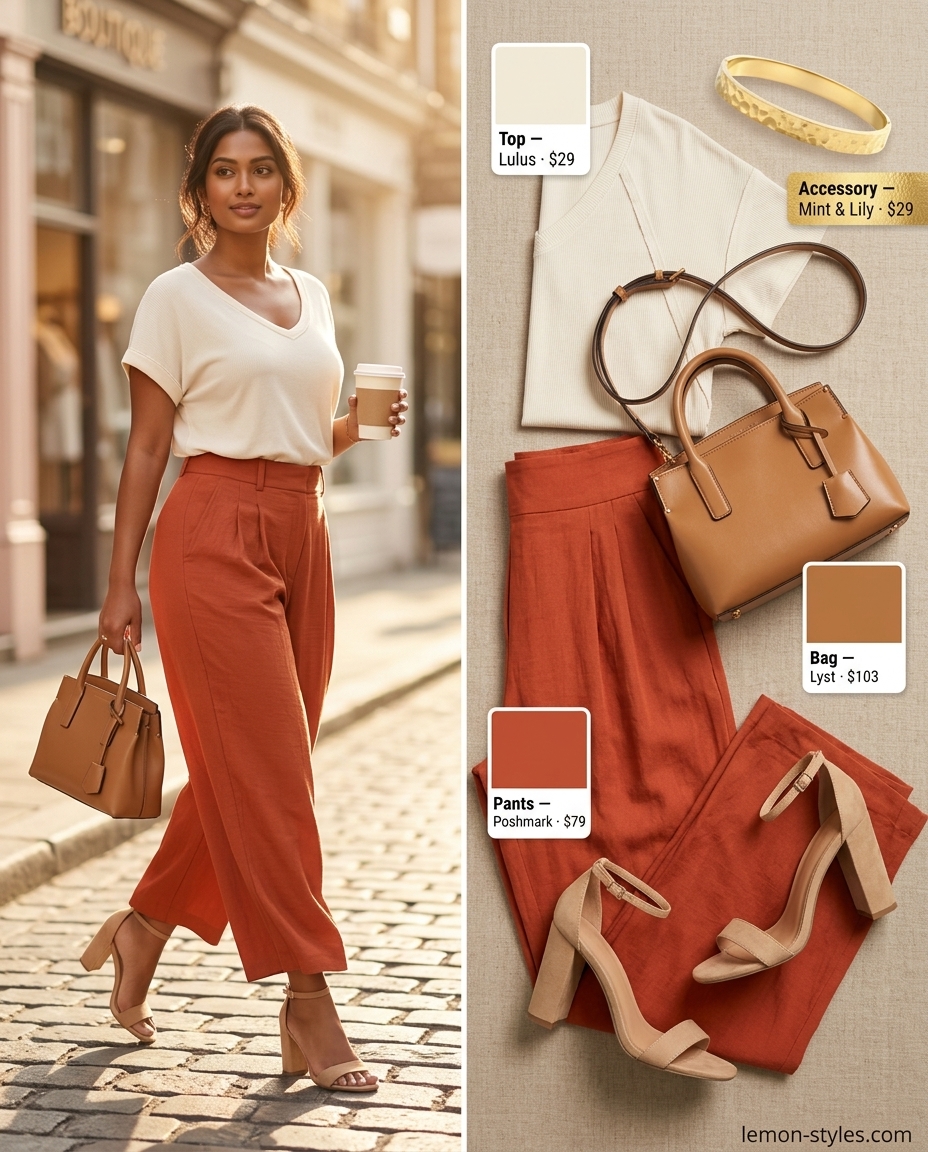 Sophisticated terracotta wide-leg pants outfit with cream top & gold accessories for women with blonde hair. 2026.