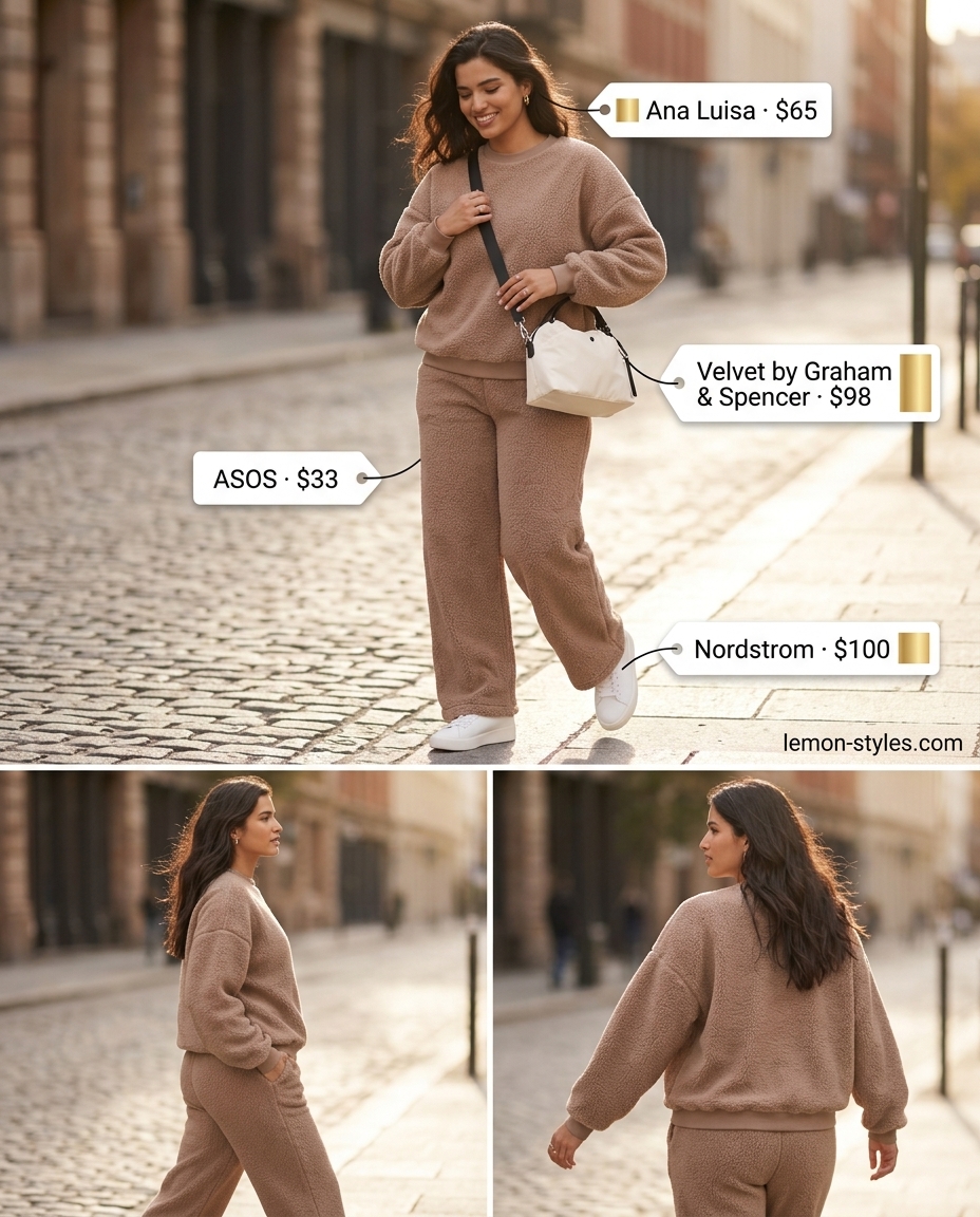 Summer outfits for women with brown hair 2026: Taupe athleisure set, white sneakers, and gold hoops for comfortable travel.