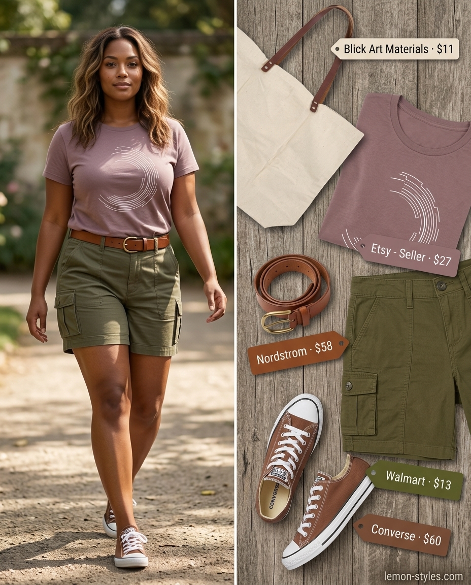 Summer outfits for women with brown hair 2026: Olive green cargo shorts, white graphic tee, and canvas sneakers for a casual outing.