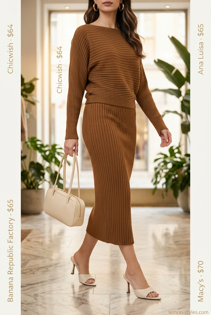 Summer outfits for women with brown hair 2026: Caramel knit skirt set, gold hoops, and cream mules for a polished summer event.