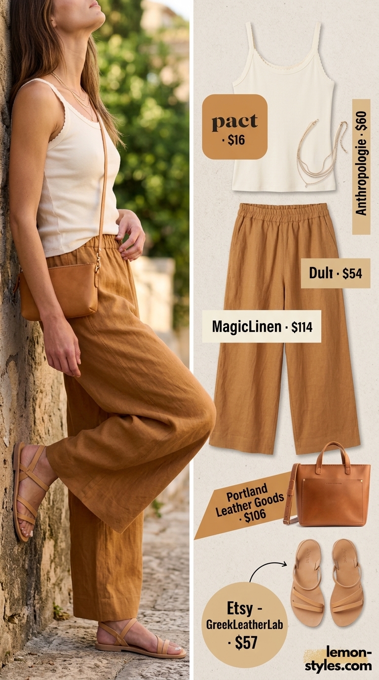 Summer outfits for women with brown hair 2026: Camel linen pants, cream knit cami, gold necklace, and tan sandals for a chic casual evening.