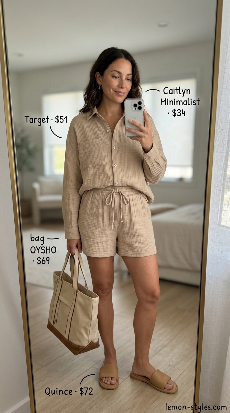 Summer outfits for women with brown hair 2026: Soft beige linen set, tan slides, and gold hoops for relaxed loungewear.