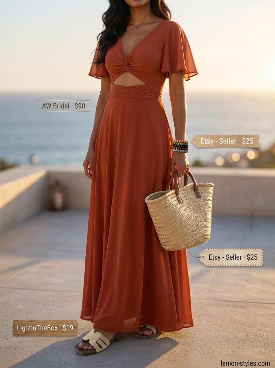 Summer outfits for women with brown hair 2026: Rust orange maxi dress, wood-tone sandals, and straw tote for a bohemian evening.