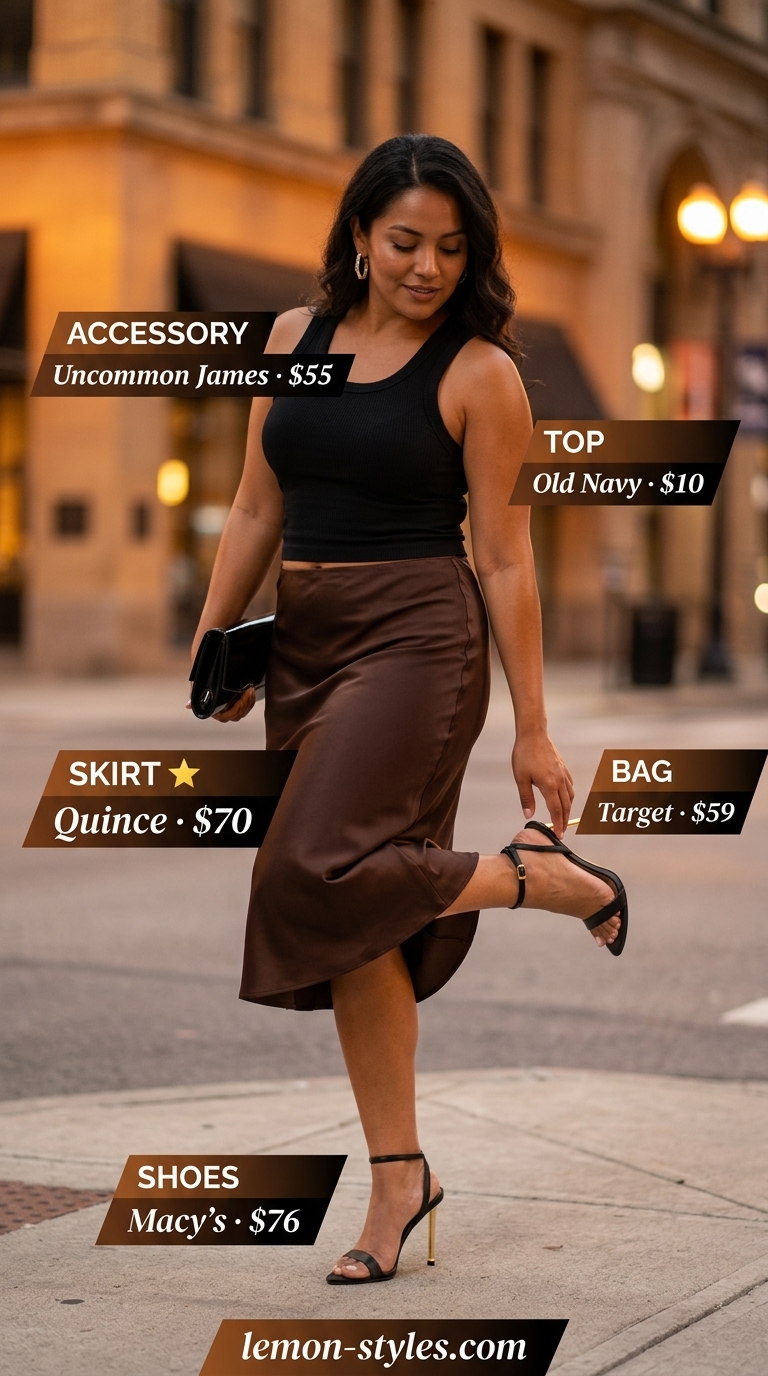 Summer outfits for women with brown hair 2026: Golden brown satin midi skirt, black knit top, gold earrings, and black heels for cocktail hour.