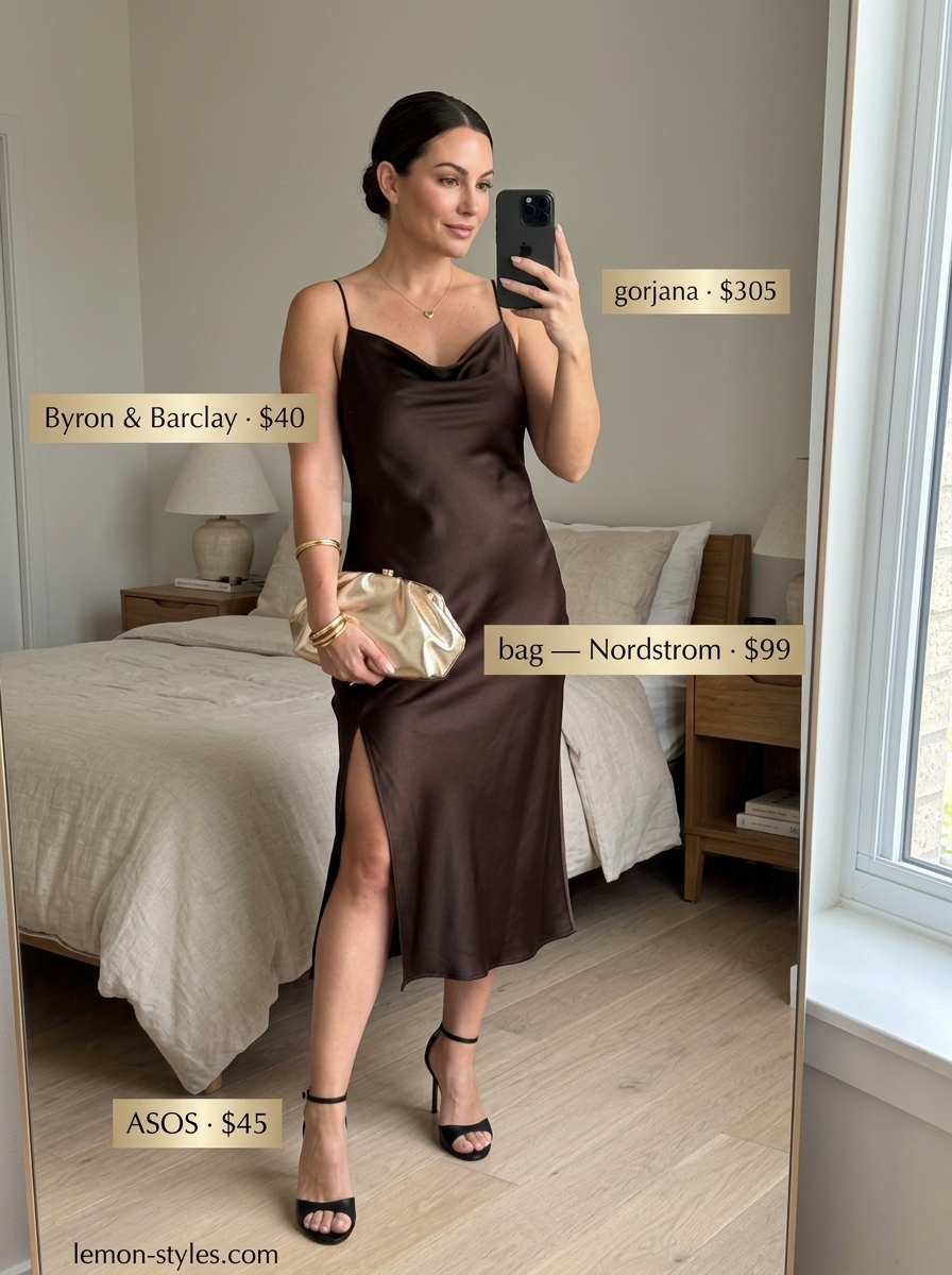 Summer outfits for women with brown hair 2026: Deep brown satin slip dress, gold necklace, and black strappy heels for date night.