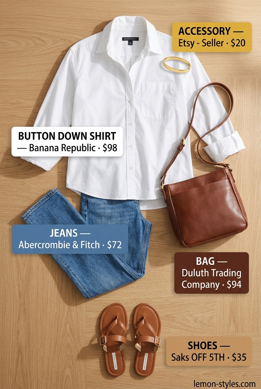 Summer outfits for women with brown hair 2026: White oversized button-down shirt with jeans and sandals.