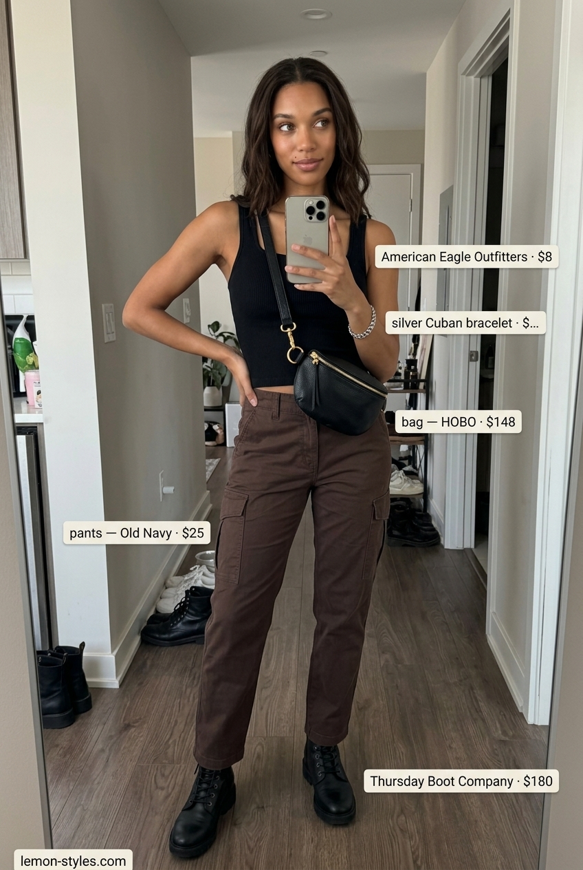 Summer outfits for women with brown hair 2026: Edgy black tank, mocha cargo pants, and combat boots.