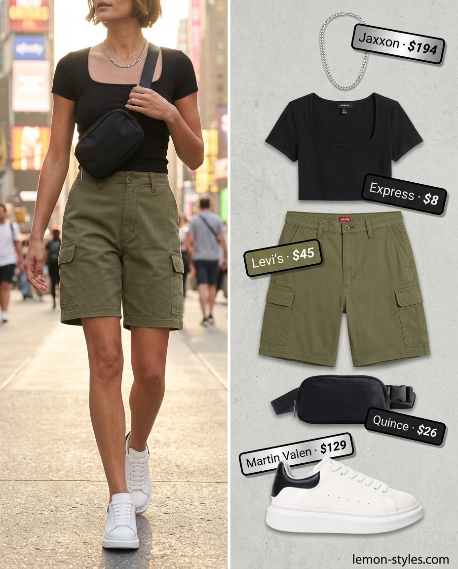 Summer outfits for women with brown hair 2026: Olive green cargo shorts, black crop top, nylon belt bag, and chunky sneakers for urban exploration.
