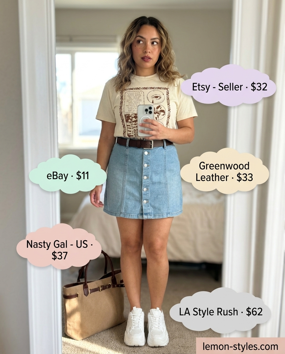 Summer outfits for women with brown hair 2026: Light wash denim mini skirt, graphic tee, canvas tote, and platform sneakers for a retro look.