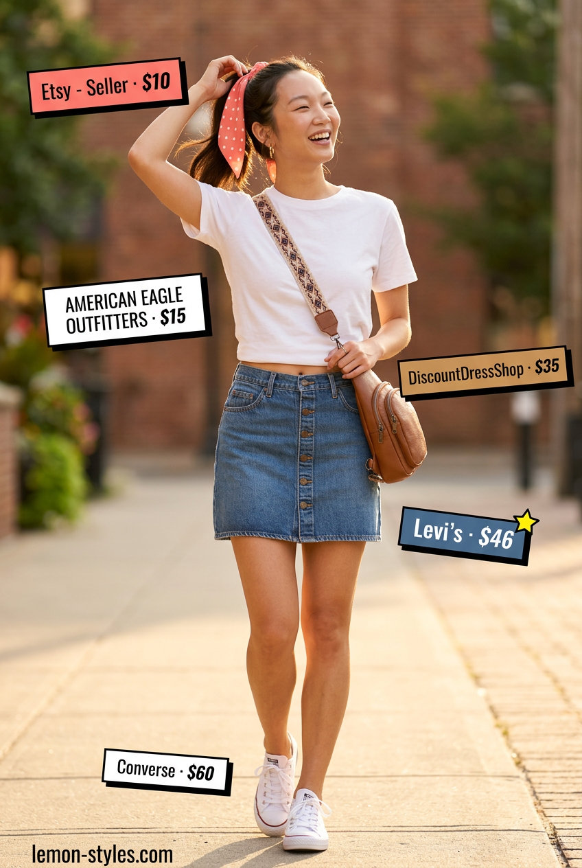 Summer outfits for women with brown hair 2026: Playful denim mini skirt with white tee and bandana.