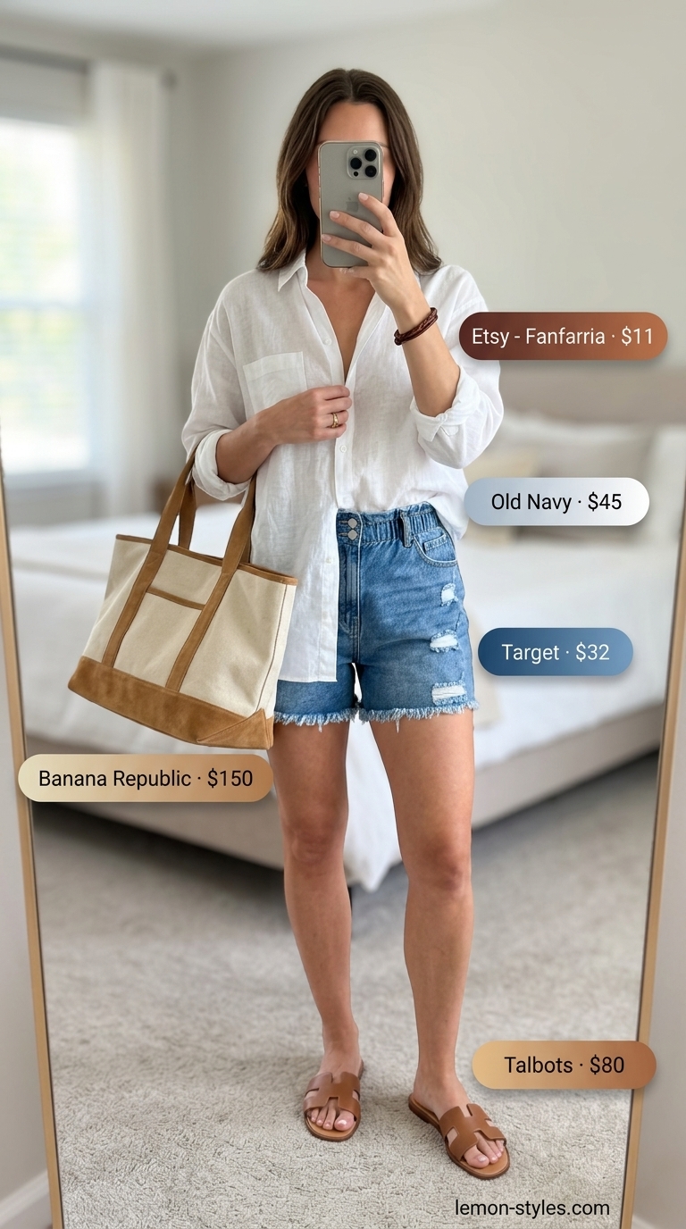 Summer outfits for women with brown hair 2026: Casual denim shorts with white linen shirt and slides.