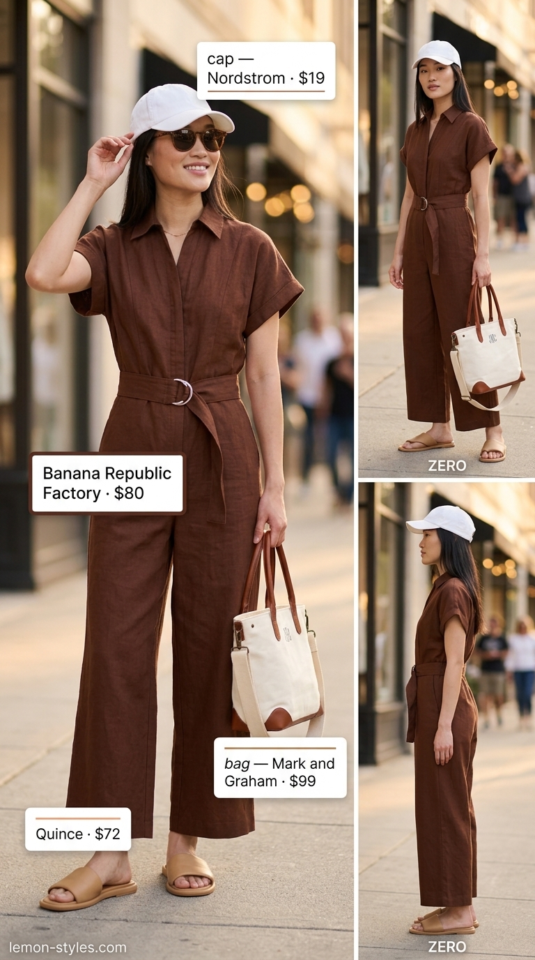 Summer outfits for women with brown hair 2026: Chocolate brown utility jumpsuit, tan slides, and canvas tote for a casual day out.