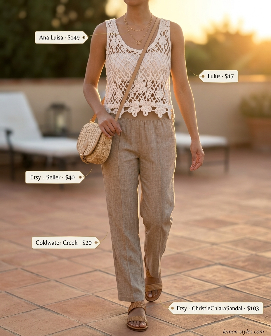 Summer outfits for women with brown hair 2026: Camel linen pants, crochet top, straw bag, and layered gold necklaces for a relaxed dinner.