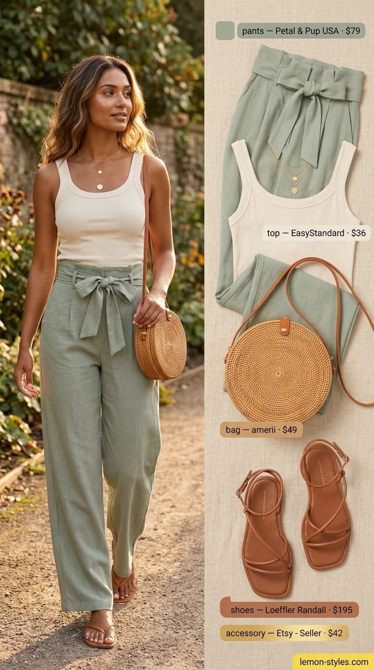 Summer outfits for women with brown hair 2026: Sage green linen pants with cream tank and gold jewelry.