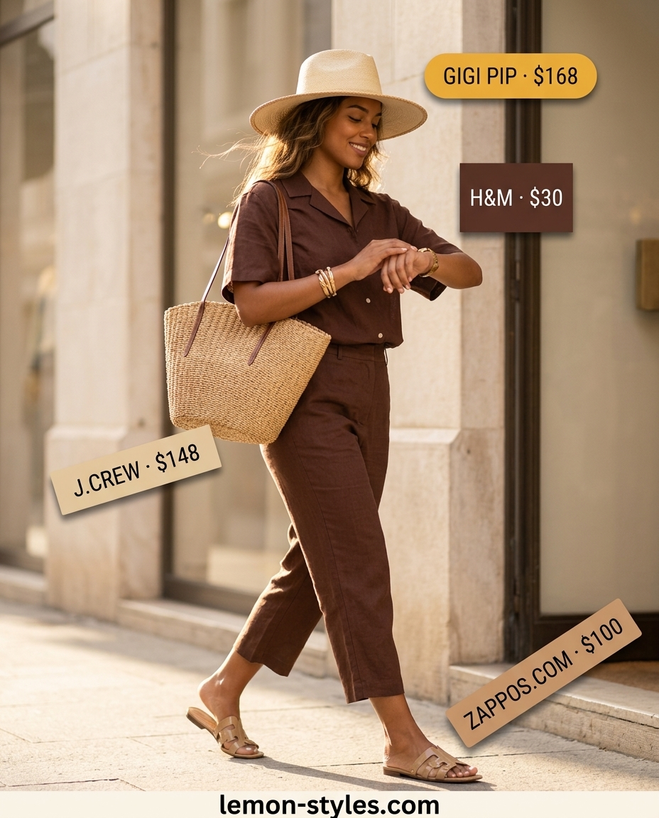Summer outfits for women with brown hair 2026: Muted brown linen set, straw hat, tote bag, and leather slides for a relaxed beach vacation.