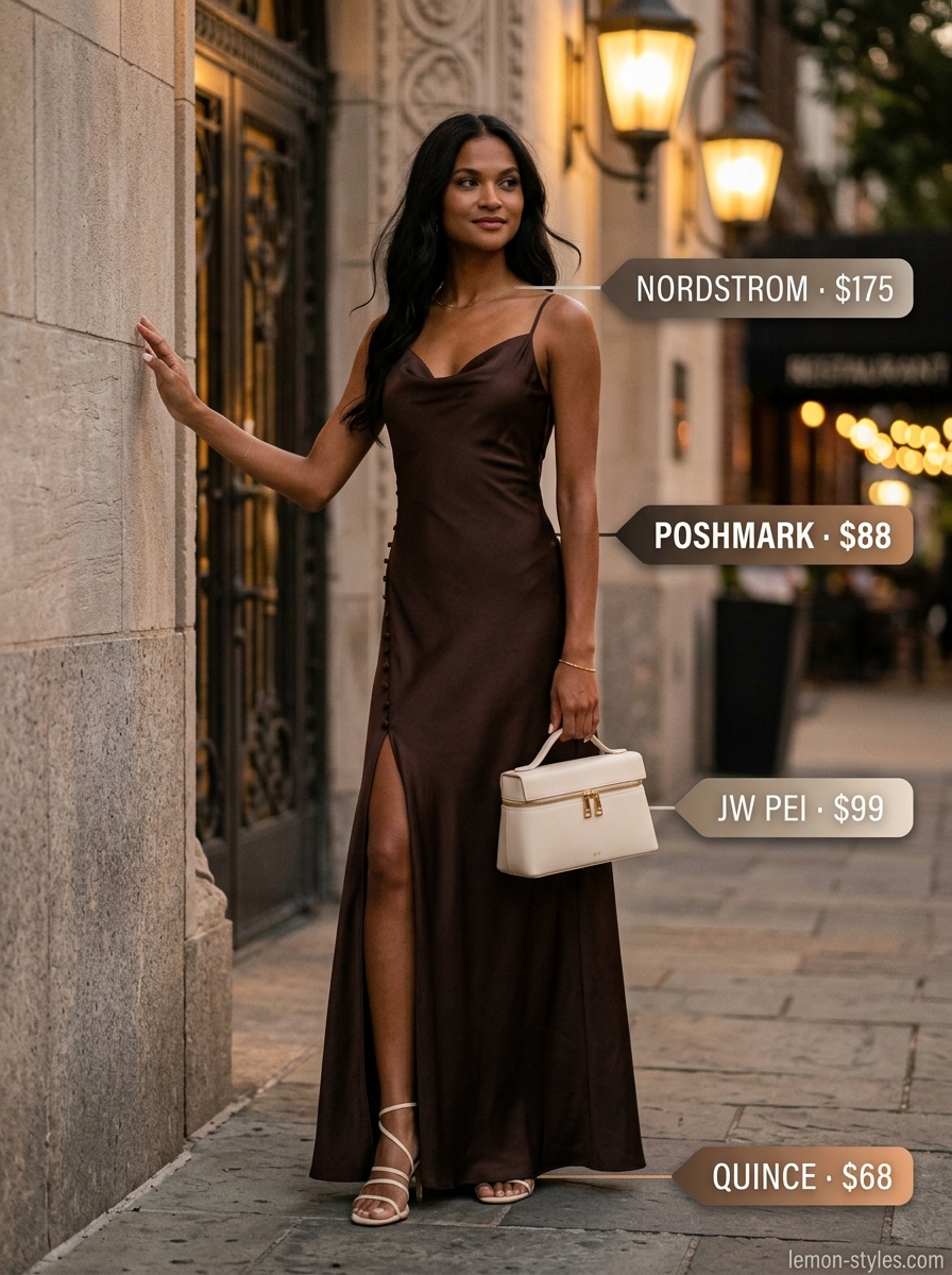 Summer outfits for women with brown hair 2026: Espresso brown maxi dress, cream sandals, gold bracelet, and structured bag for a cocktail party.