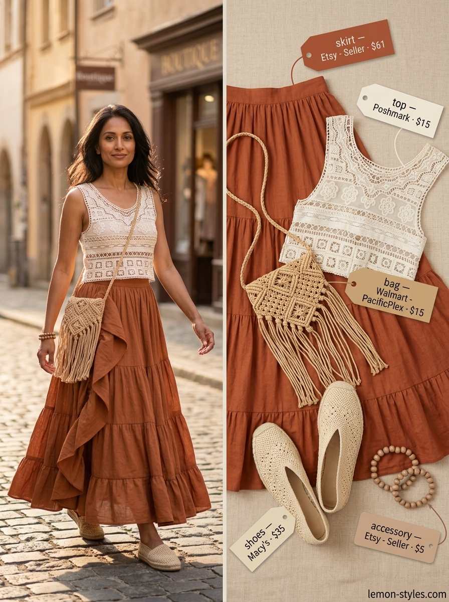 Summer outfits for women with brown hair 2026: Bohemian maxi skirt with crochet top and espadrilles.