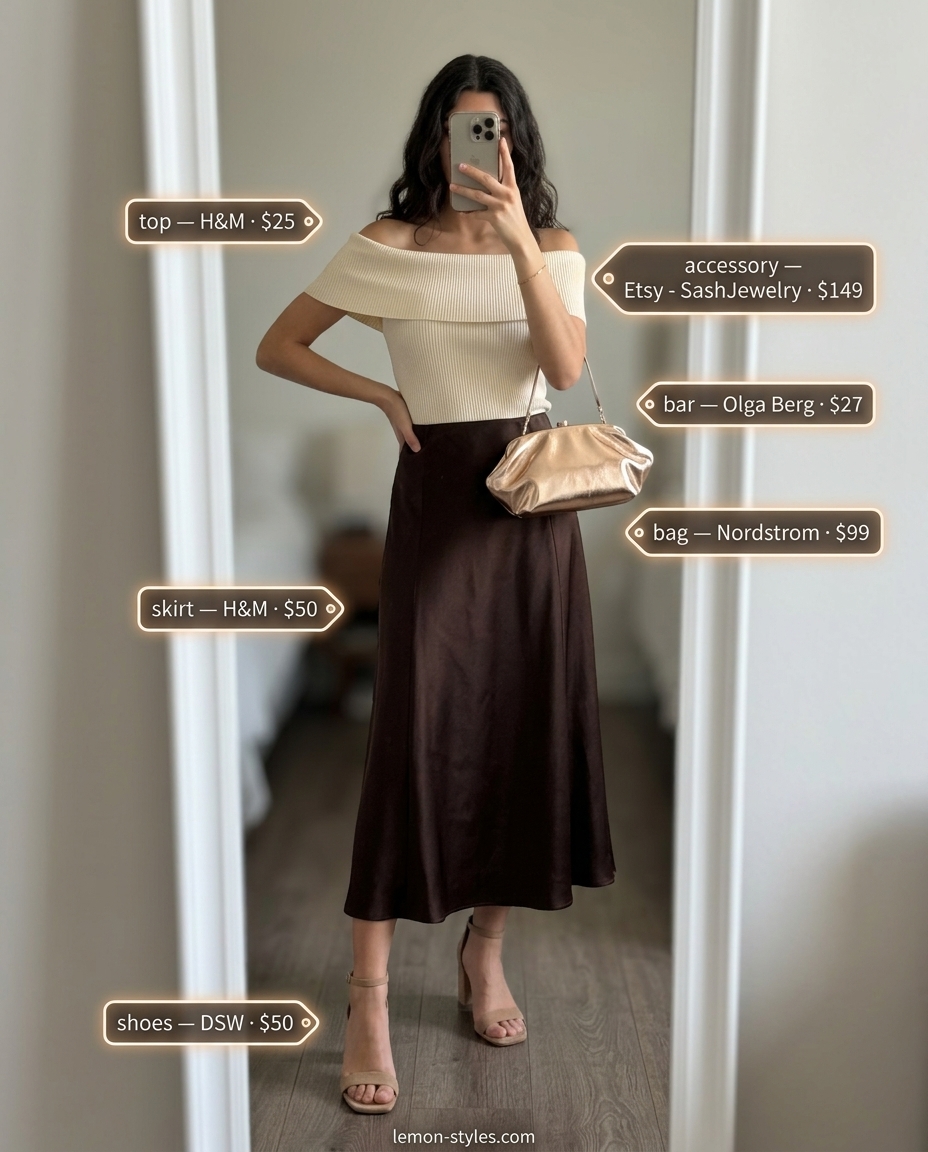 Summer outfits for women with brown hair 2026: Chocolate brown midi skirt, cream knit top, gold clutch, and strappy heels for a cocktail event.