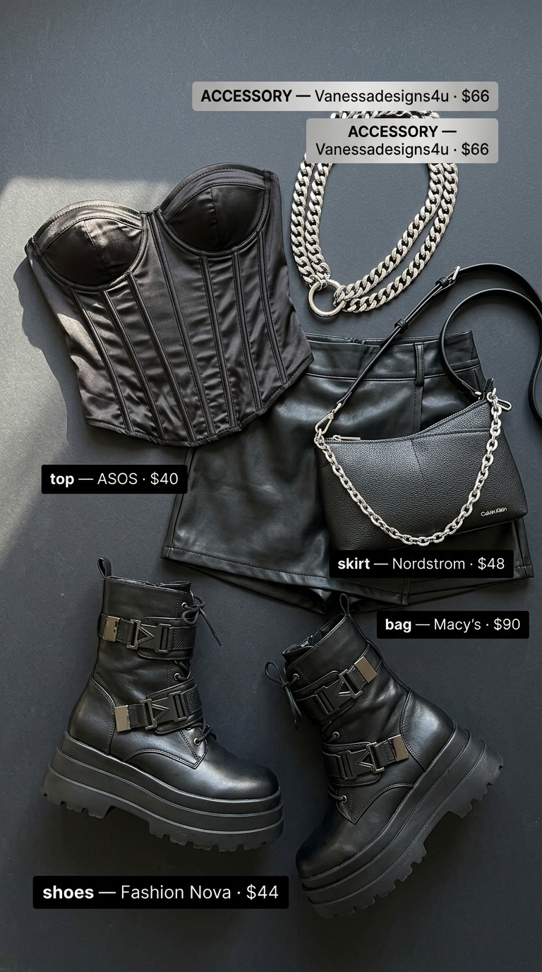 Summer outfits for women with brown hair 2026: Edgy black mini skirt, corset top, and combat boots.