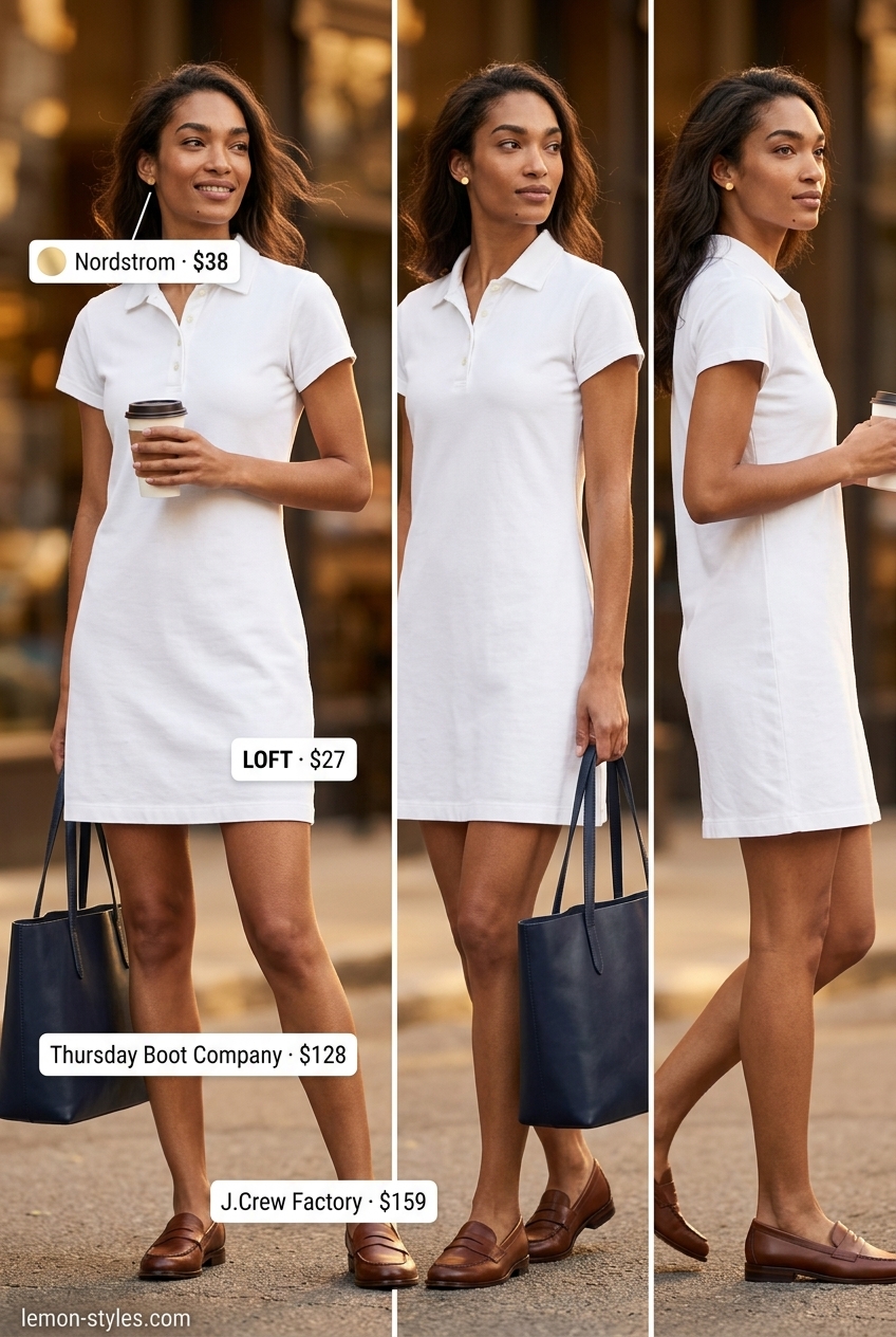 Summer outfits for women with brown hair 2026: Crisp white polo dress with navy tote and brown loafers.