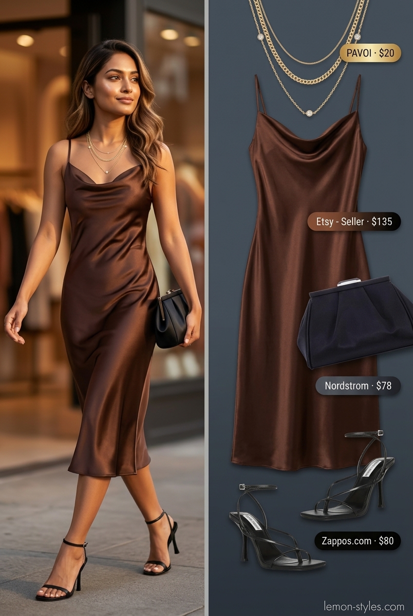 Summer outfits for women with brown hair 2026: Sleek chestnut slip dress with strappy black heels.