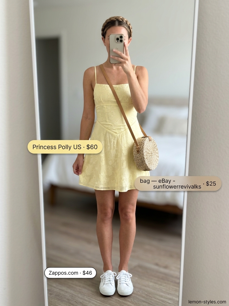 Summer outfits for women with brown hair 2026: Butter yellow sundress with white sneakers and straw bag.
