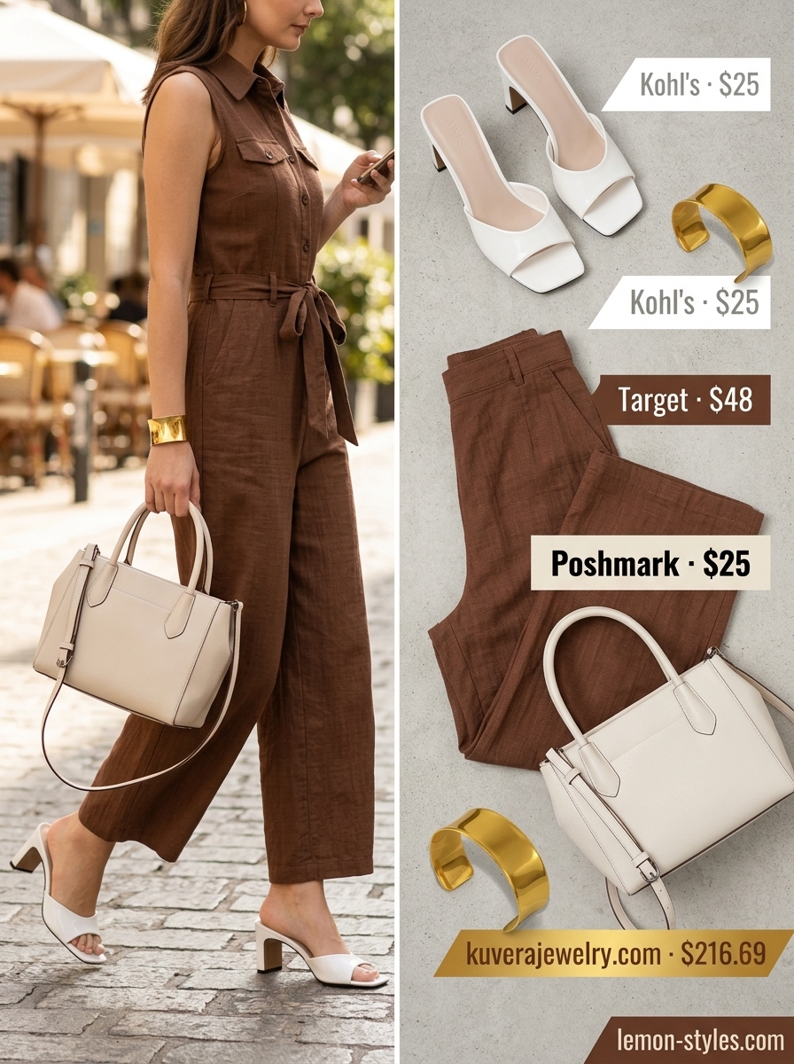 Summer outfits for women with brown hair 2026: Chocolate brown utility jumpsuit, cream mules, gold cuff, and structured tote for a polished look.