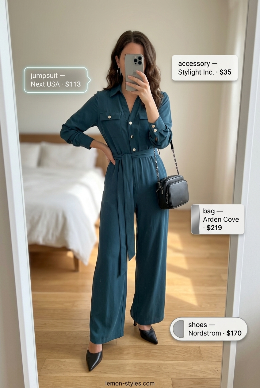 Summer outfits for women with brown hair 2026: Olive green utility jumpsuit, black heeled mules, and silver hoops for a smart casual look.