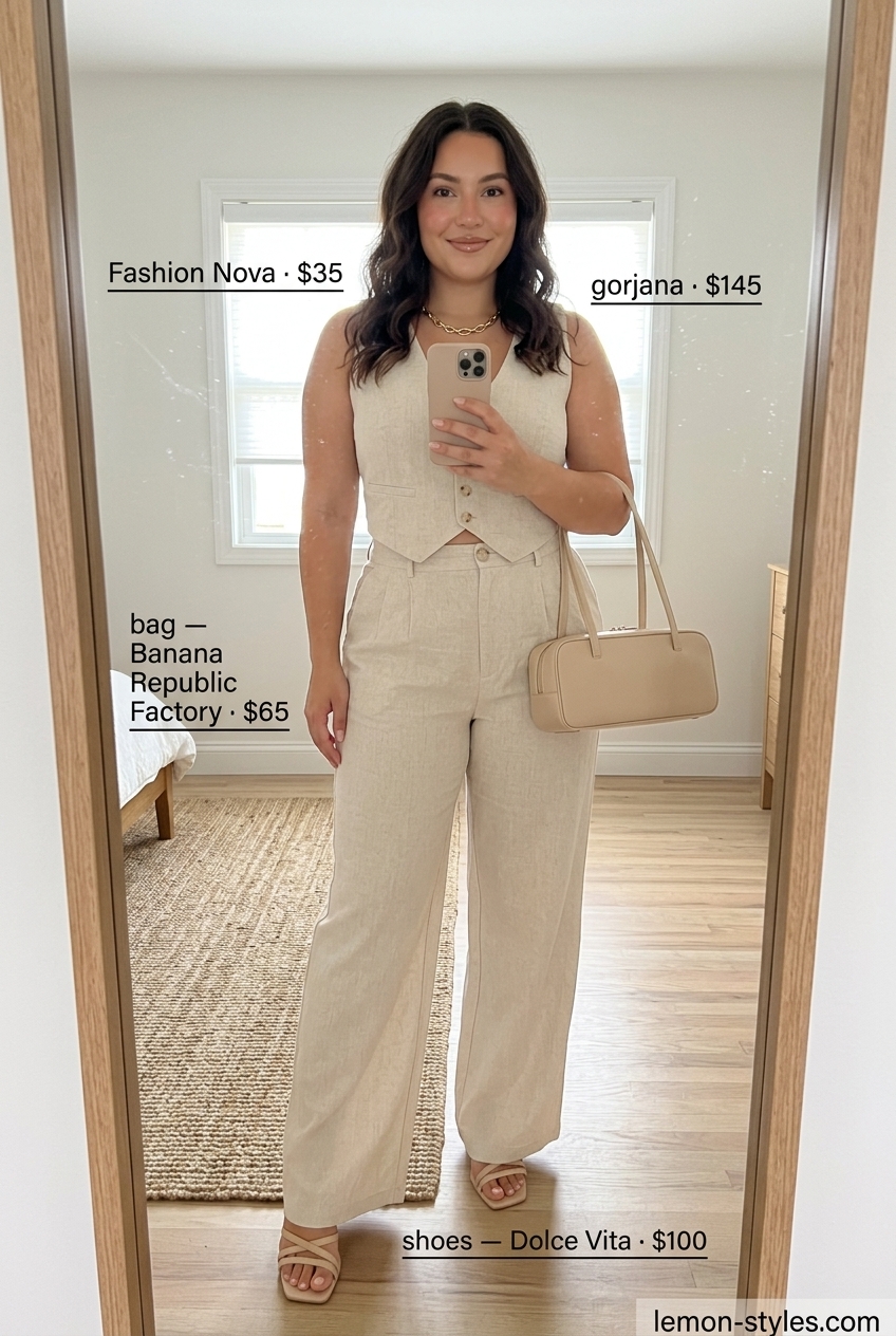 Sophisticated beige linen co-ord, nude heels, and gold necklace for summer outfits for women with brunette hair 2026.