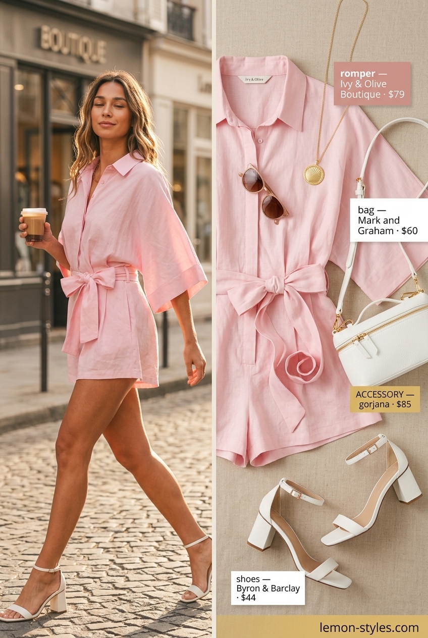 Chic blush pink linen romper, white block heels, and gold necklace for summer outfits for women with brunette hair 2026.