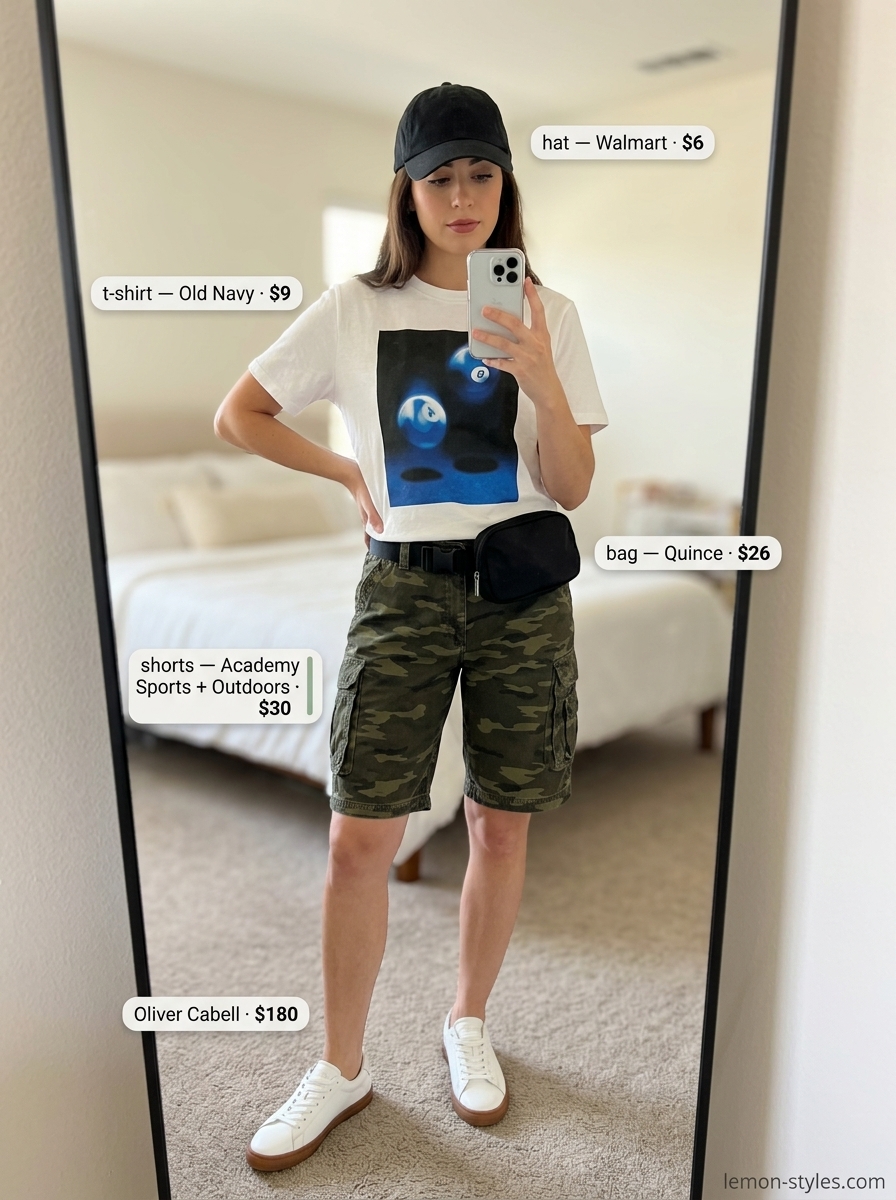 Casual khaki cargo shorts, white graphic tee, and black belt bag for summer outfits for women with brunette hair 2026.