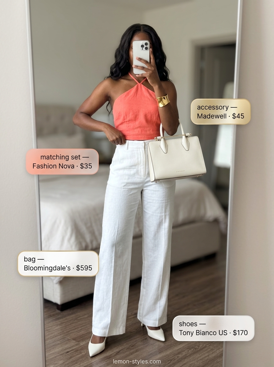Chic coral linen co-ord, white mules, and gold cuff for summer outfits for women with brunette hair 2026.