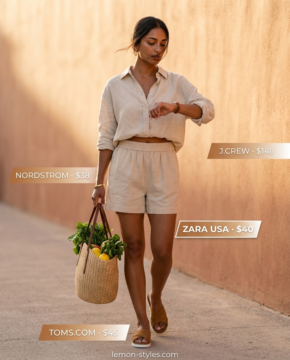 Summer outfits for women with brunette hair 2026: Beige linen shorts and shirt set with leather slides for a relaxed vacation vibe.