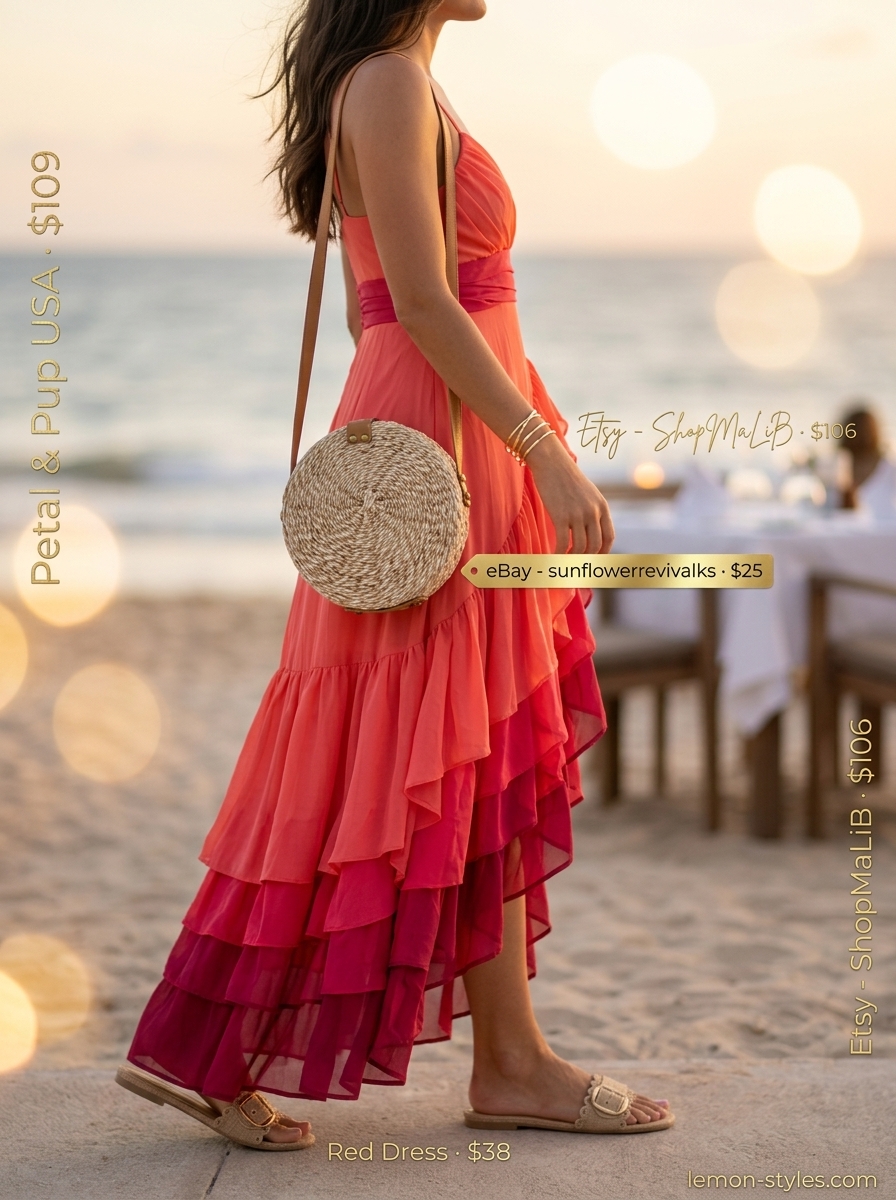 Summer outfits for women with brunette hair 2026: Coral maxi dress, gold bangles, and straw crossbody for beachside dinner.