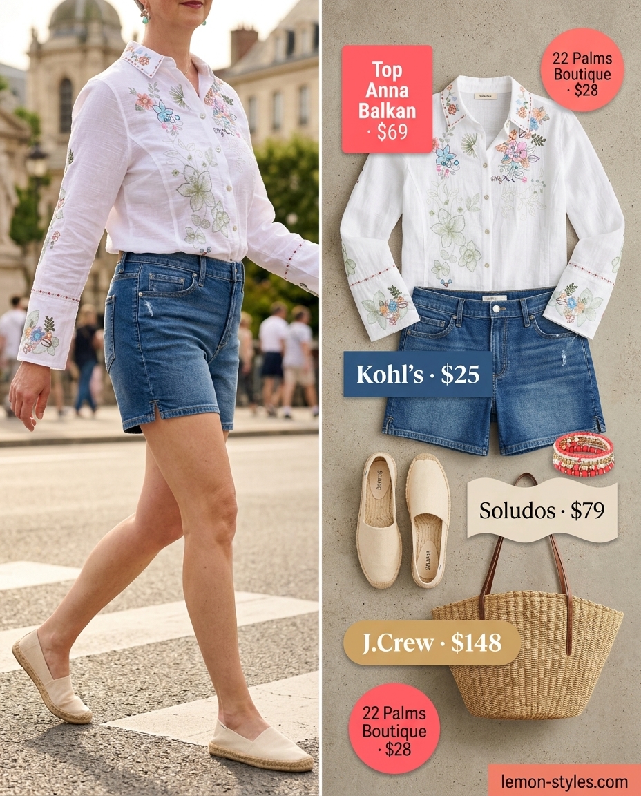 Summer outfits for women with brunette hair 2026: Denim shorts, embroidered blouse, espadrilles & straw tote for casual weekend.