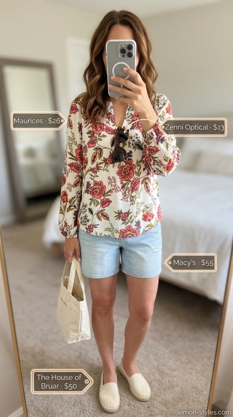 Summer outfits for women with brunette hair 2026: Denim shorts, floral peasant blouse, espadrilles & tote for weekend market.
