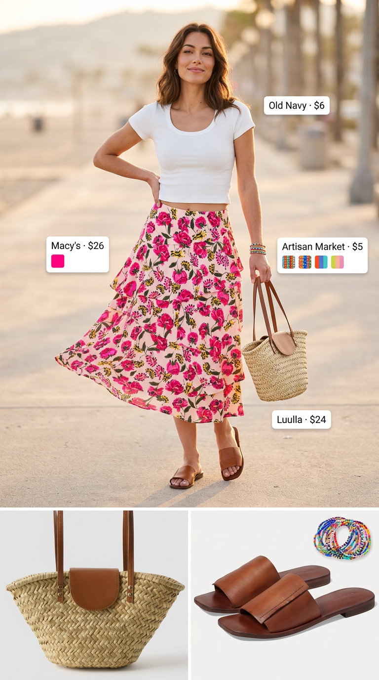 Summer outfits for women with brunette hair 2026: Boho floral midi skirt, white crop top, straw tote, and leather slides for beach.