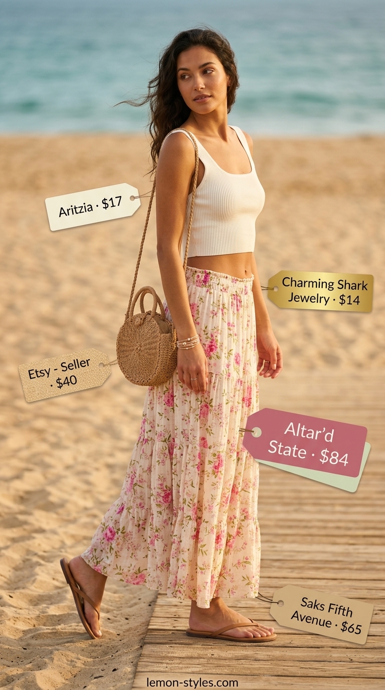 Summer outfits for women with brunette hair 2026: Floral maxi skirt, white tank, straw bag & flat sandals for boho vibes.